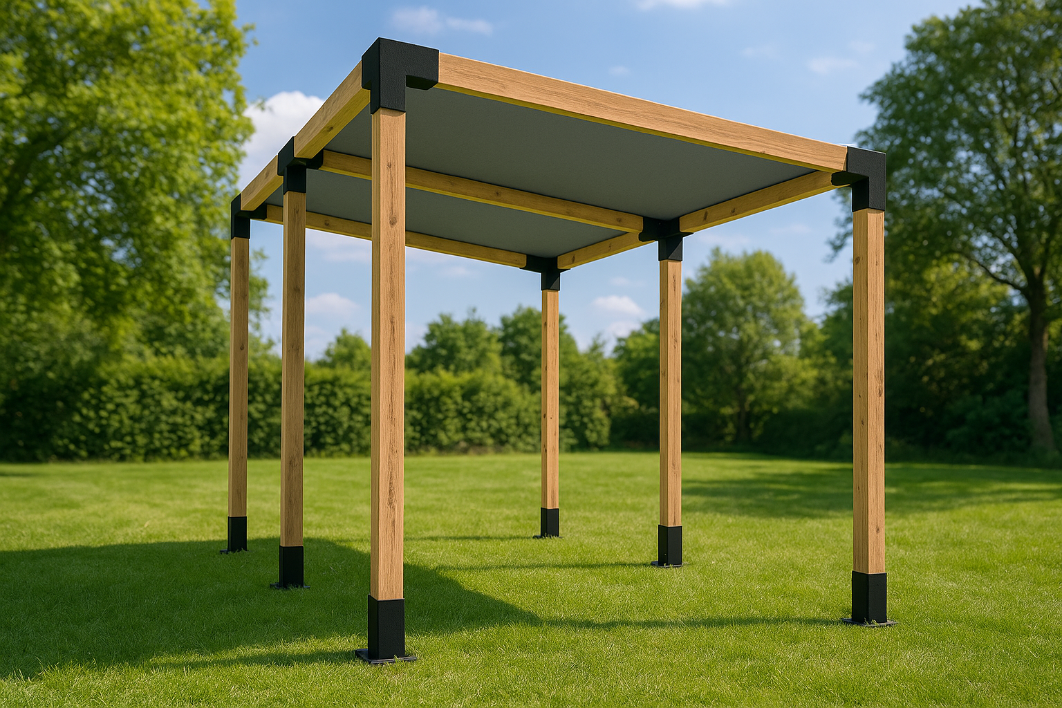 Kompletná drevená pergola s čiernymi oceľovými spojkami